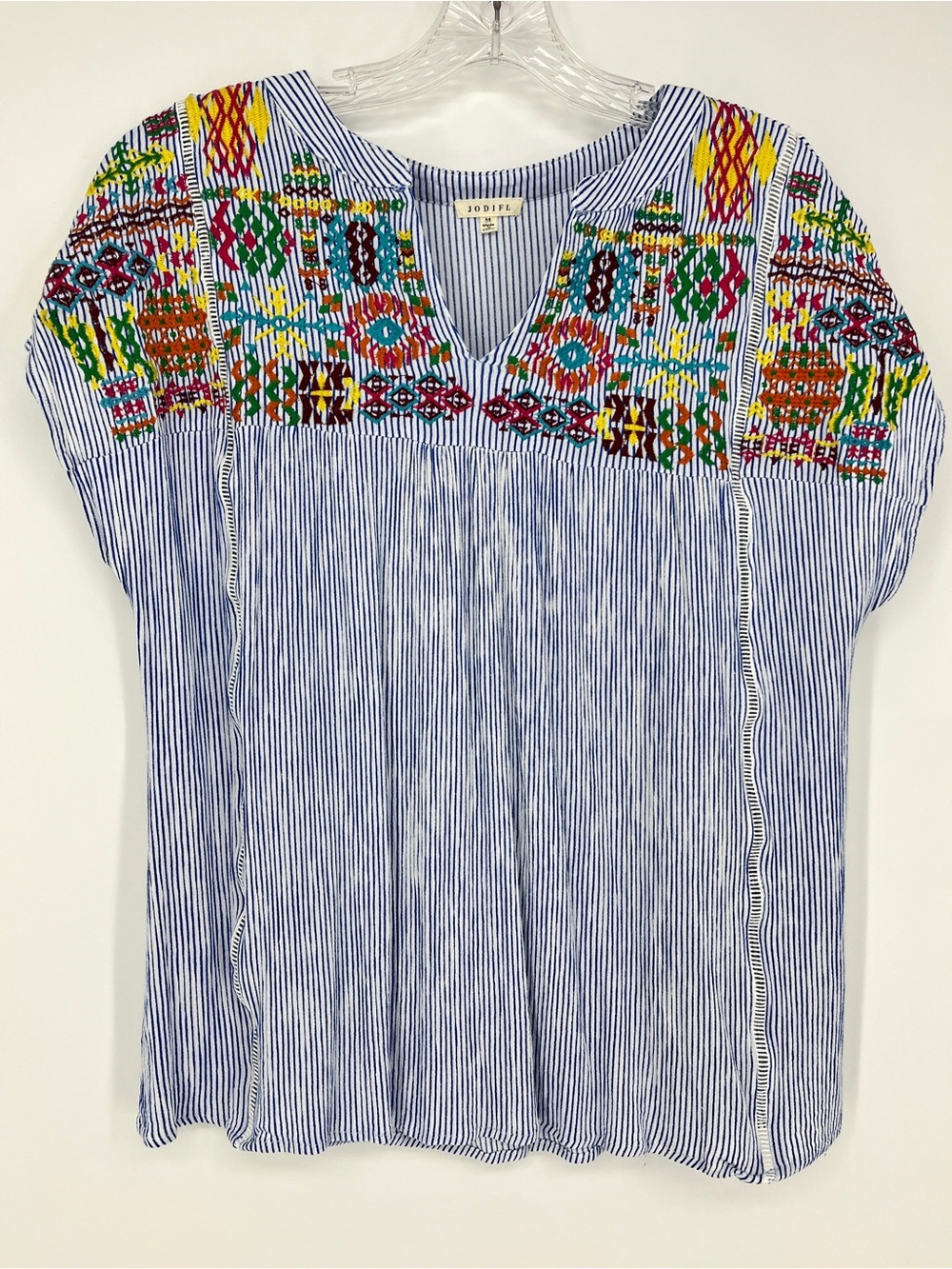 Jodifl Embroidered Striped Blouse Colorful Medium Cap Sleeves Lightweight Blue